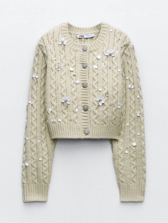 Zara Sweaters - Zara Cream Sequin Cable-Knit Cropped Cardigan